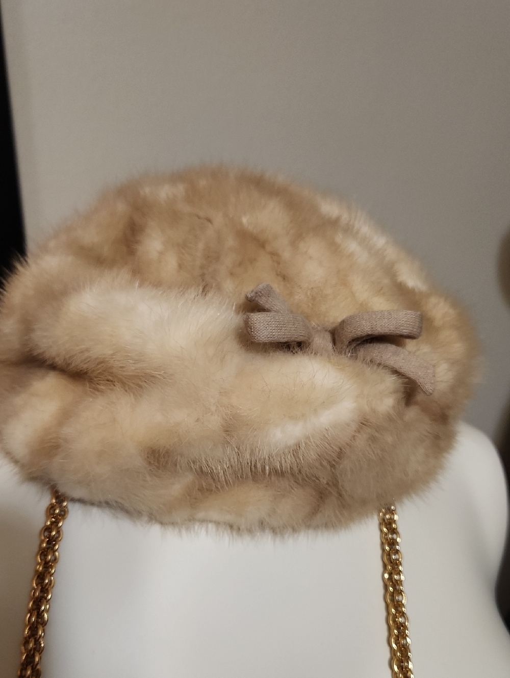 Beige Fur Crossbody Bag with Bow